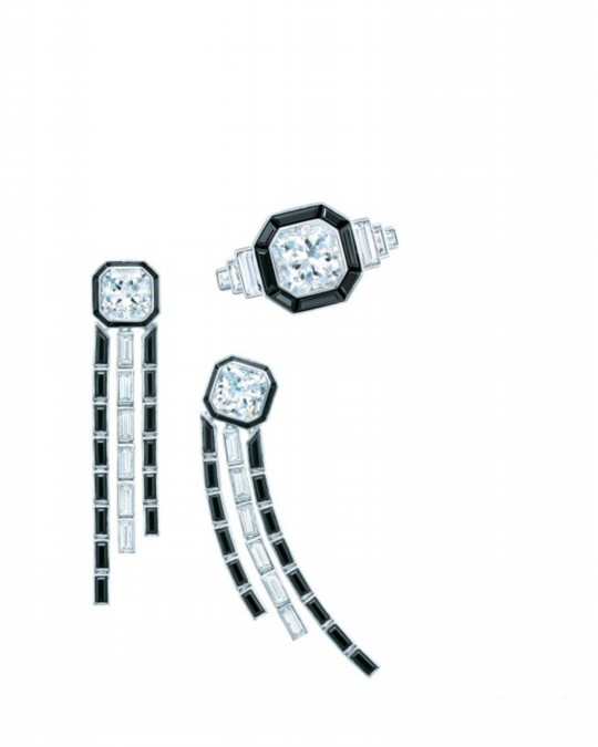Tiffany & Co.蒂芙尼黑色尖晶石和長形鉆石鑲嵌的線性鉆戒及耳墜